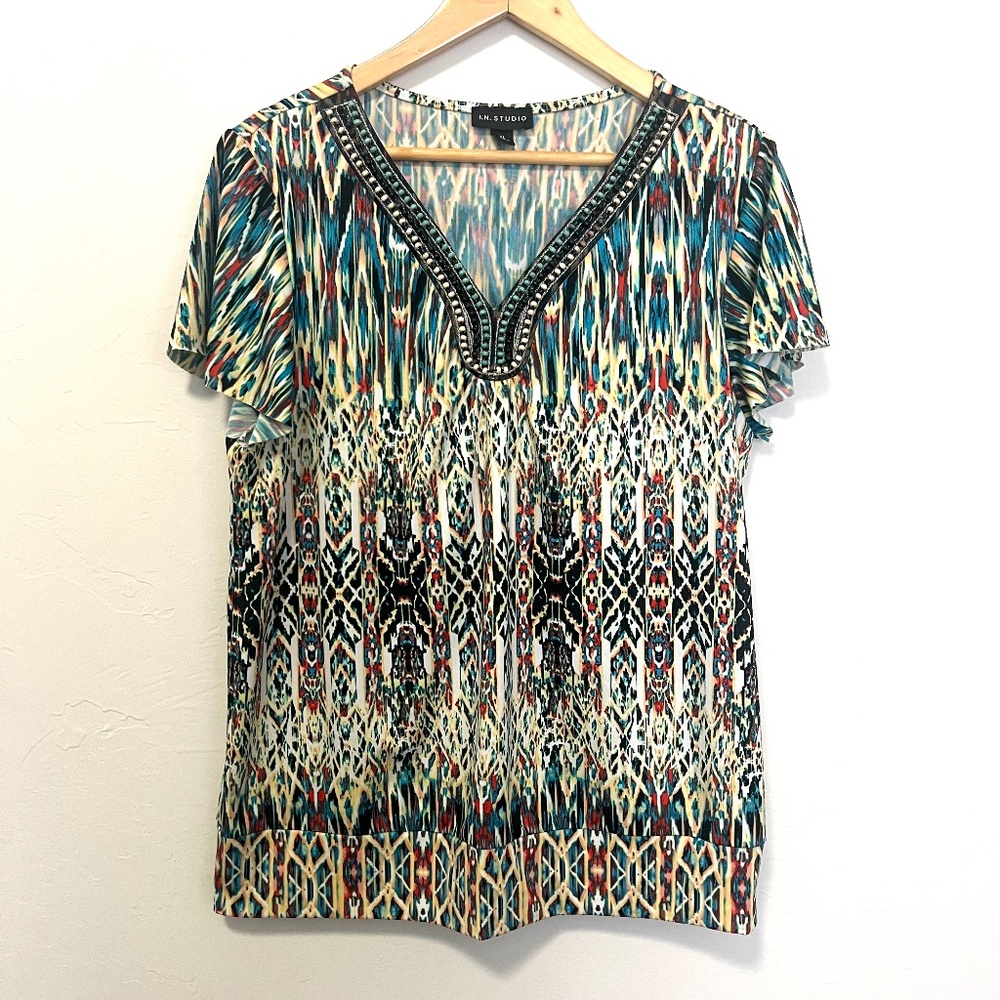 I.N. Studio Women's Top. Colorful Print with Beading Detail at Neckline